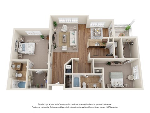 3D Floor Plan of a 2-bedroom apartment with 2 bathrooms at 10x Audubon Apartments in Daphne, AL